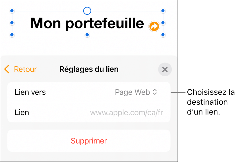 Lien vers une page Web, une adresse courriel, un numéro de téléphone ou une page dans Pages sur l'iPhone – Assistance Apple (CA)